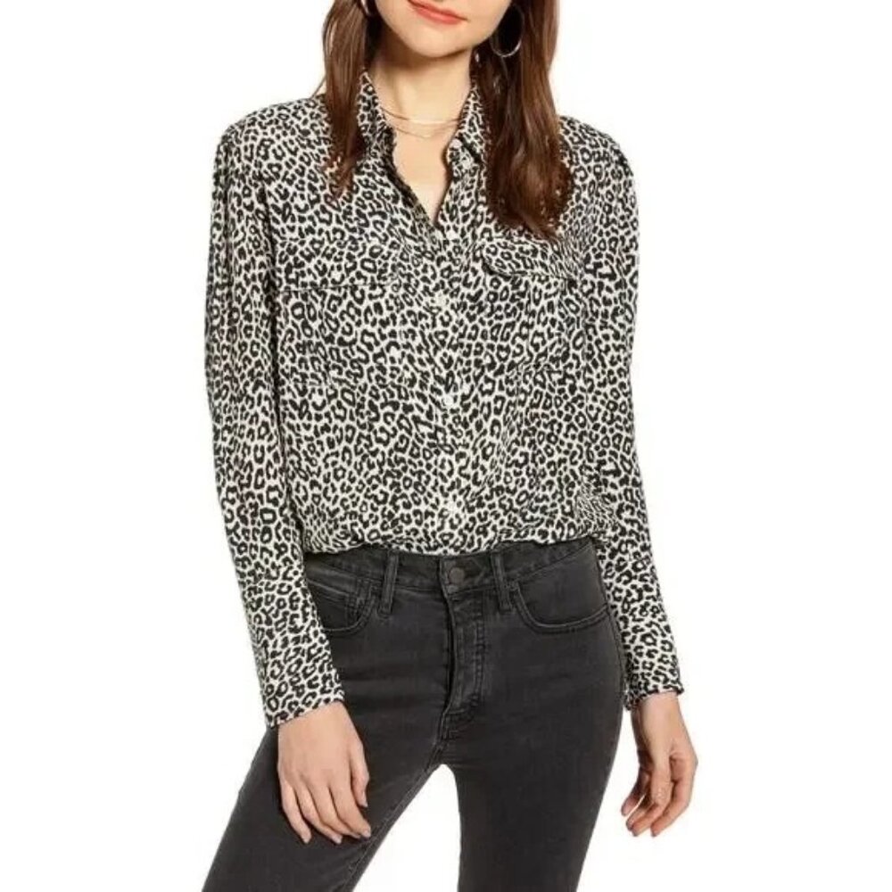 Something Navy Leopard Button Front Blouse Size X… - image 1